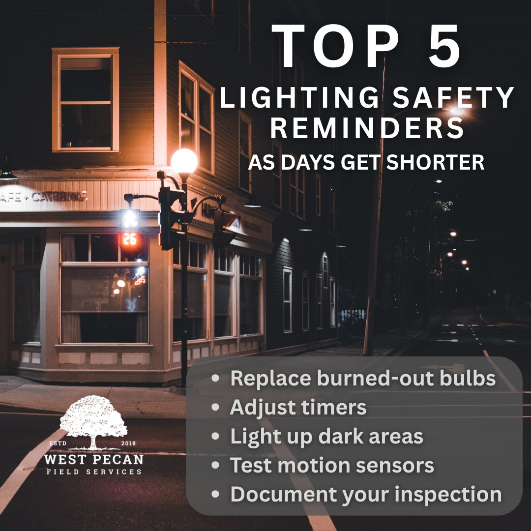 wpfieldsvcs's tweet image. With darker days ahead, check your lights! 💡
Top 5 Lighting Safety Reminders:

1️⃣ Replace bulbs
2️⃣ Reset timers
3️⃣ Fix dark spots
4️⃣ Test sensors
5️⃣ Document it all

More: linkedin.com/company/wpfiel… 

#LossControl #LightingSafety #RiskPrevention #TexasProperties