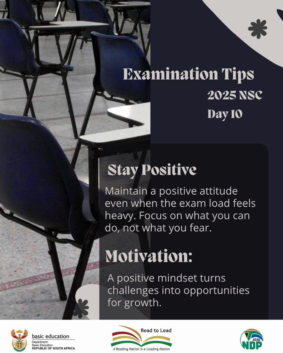 📚 Day 10 | #MatricExam2025

Stay positive and keep believing in your hard work! 🌟
Confidence calms the nerves and sharpens your focus — trust your preparation and give each paper your best shot.

#GovZAUpdates #NSC2025 #MatricClassOf2025