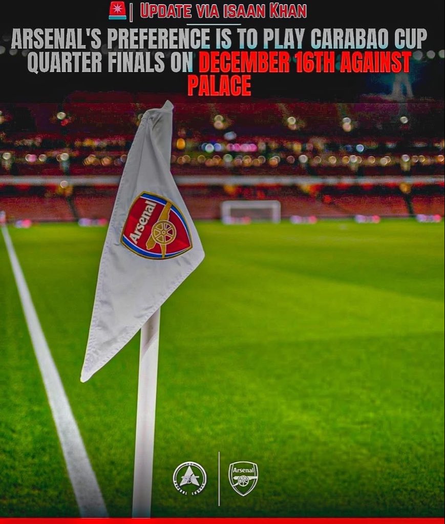 Arsenalcorner__'s tweet image. Crystal Palace seeking a different date for the QF due to their fixture congestion!

Arsenal prefers the game on the 16th! 

#AFC