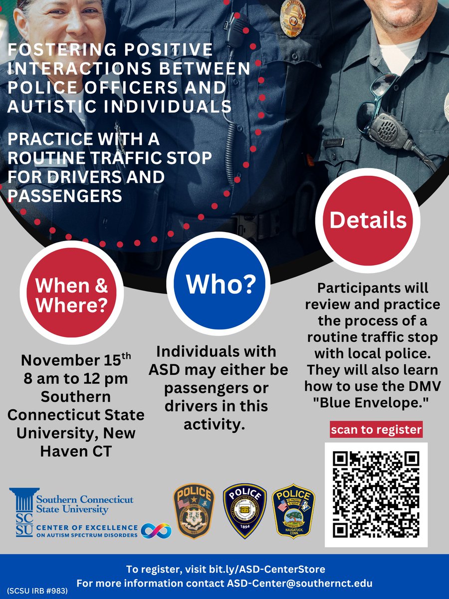 YaleCSC's tweet image. The Southern Connecticut Autism Center of Excellence—where YCSC’s Suzanne Macari, PhD, is an advisor—will host a “Practice Traffic Stop” on Nov 15 for autistic and neurodivergent drivers + passengers to safely practice with police. Registration required.