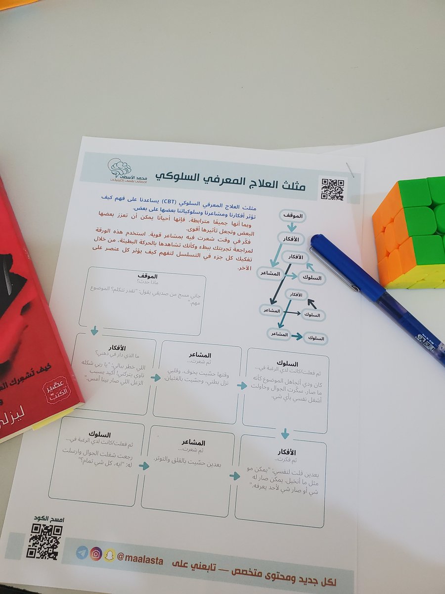 مثلث العلاج المعرفي السلوكي.. ليس رسماً توضيحياً فقط، بل خريطة طريق نحو الذات.

في أحد أركانه: التفكير، وفي الثاني: المشاعر، وفي الثالث: السلوك.

كل ضلع يؤثر في الآخر، فالفكرة تولد شعوراً، والشعور يدفع إلى سلوك، والسلوك بدوره يغذّي الفكرة من جديد.

حين يقول المراجع: "لا أستطيع