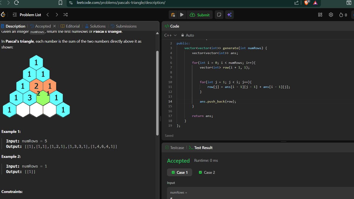 icodertanuz1's tweet image. 💻 Day 12 of #180DaysOfCode
Solved the Pascal’s Triangle problem in C++ 🔺
Learned how to generate each row using the previous one 💡
Thanks to @CoderArmy and Rohit Negi Bhaiya 🙌
#180DaysOfCode #DSA #Cplusplus #CodingJourney