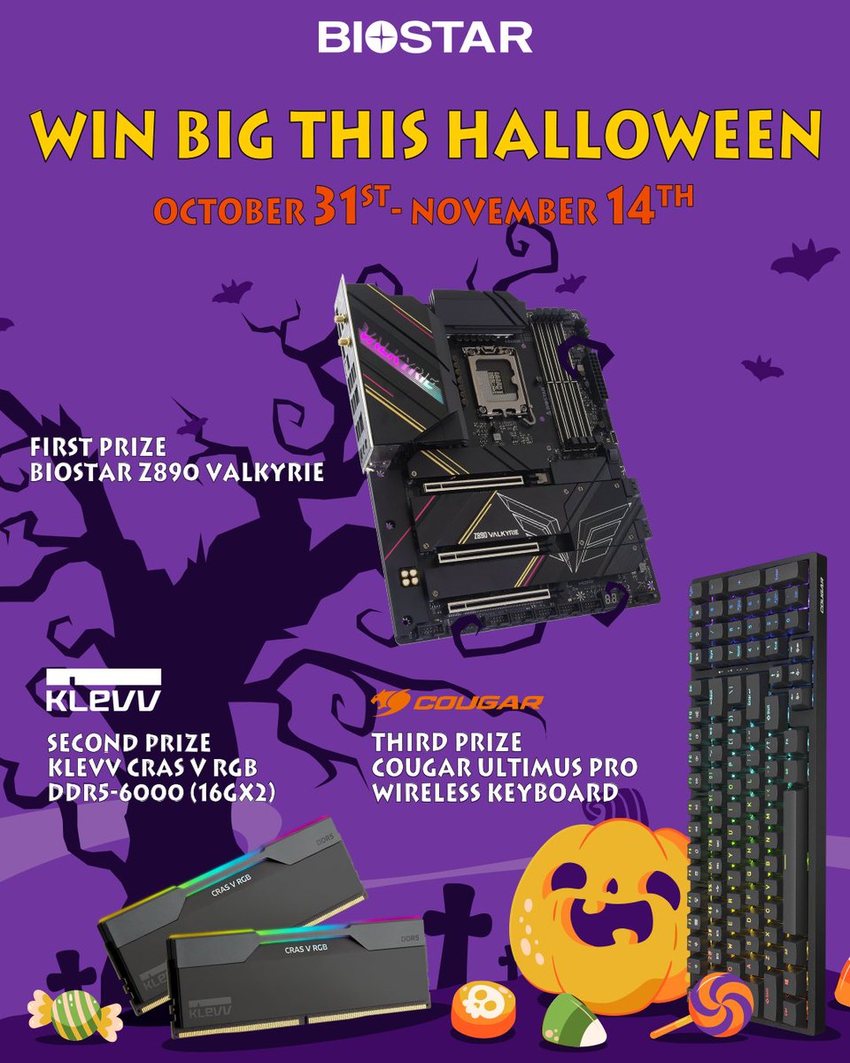 🎃It’s time to treat yourself — no tricks here!👻
Join our Halloween Giveaway for a chance to win some spook-tacular prizes!🍬

Follow us and retweet — click the link to know more:
instagram.com/p/DQfxIN-k-JW/…

#BIOSTAR #KLEVV #Cougar #halloweengiveaway
