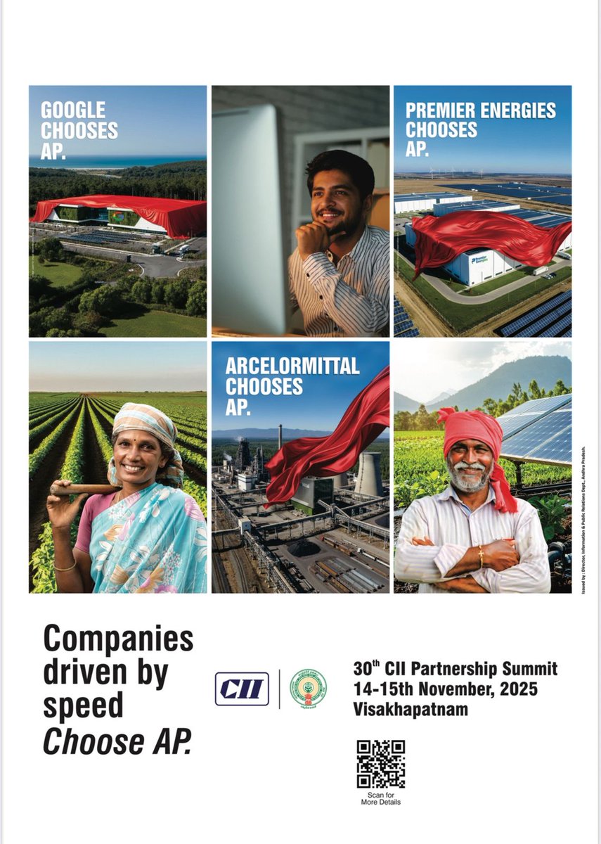 APOfficialNews's tweet image. 🚀 Global Giants Choose Andhra Pradesh!
From Google to ArcelorMittal, from Premier Energies to agri-entrepreneurs — the world’s innovators are investing in AP for growth &amp;amp; trust.

📍 30th CII Partnership Summit
🗓️ 14–15 Nov 2025 | Vizag

#InvestInAP #CII2025 #APGrowthStory…