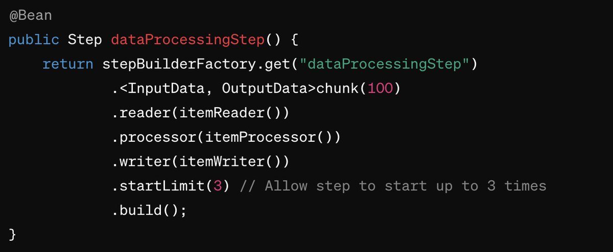 mnhocktweets's tweet image. 🚀 Spring Batch Tip 🚀

Optimize your @SpringBatch steps with startLimit and define how many times a step can be started. 🔥