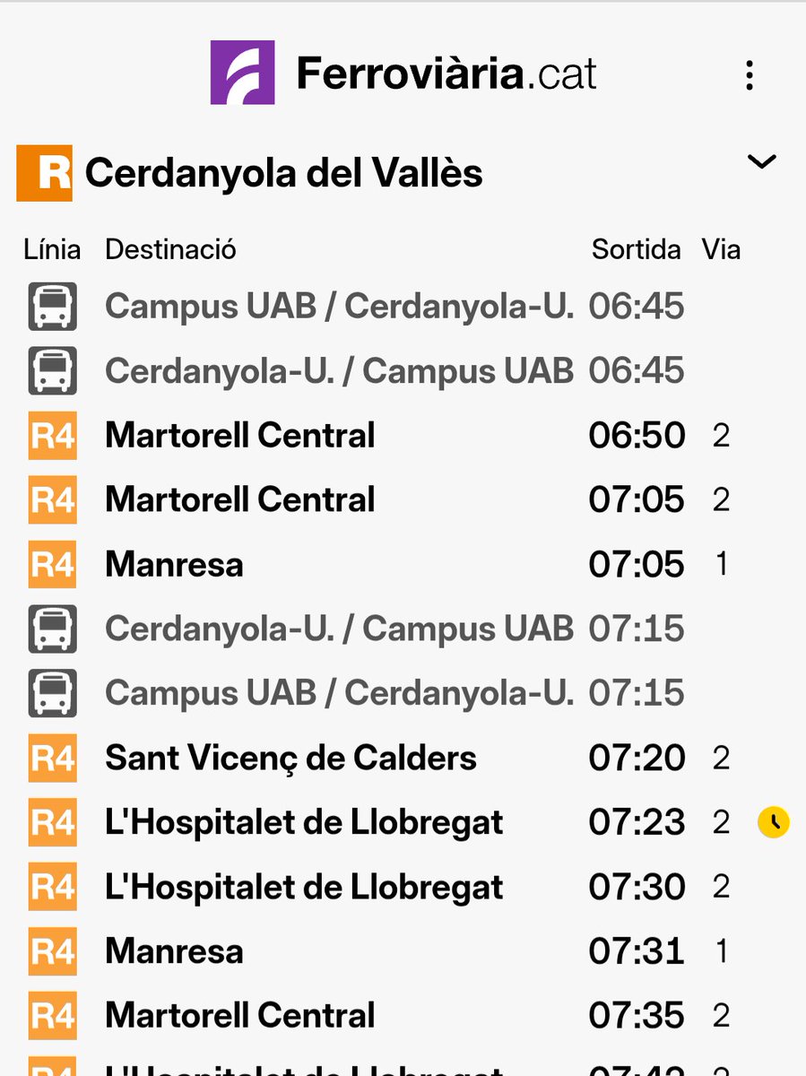ferroviariacat's tweet photo. 🚧 Per les obres a Montcada Bifurcació, se suprimeix la línia R7 de @Rodalies fins al maig

🚍 S'estableixen busos entre Cerdanyola del Vallès i Cerdanyola-Universitat amb parada al @UABcampus

💜 A https://t.co/oVOczbl2Qi hi podeu veure els horaris i connexions amb l'R4 i l'R8 https://t.co/OaIYmKREZB