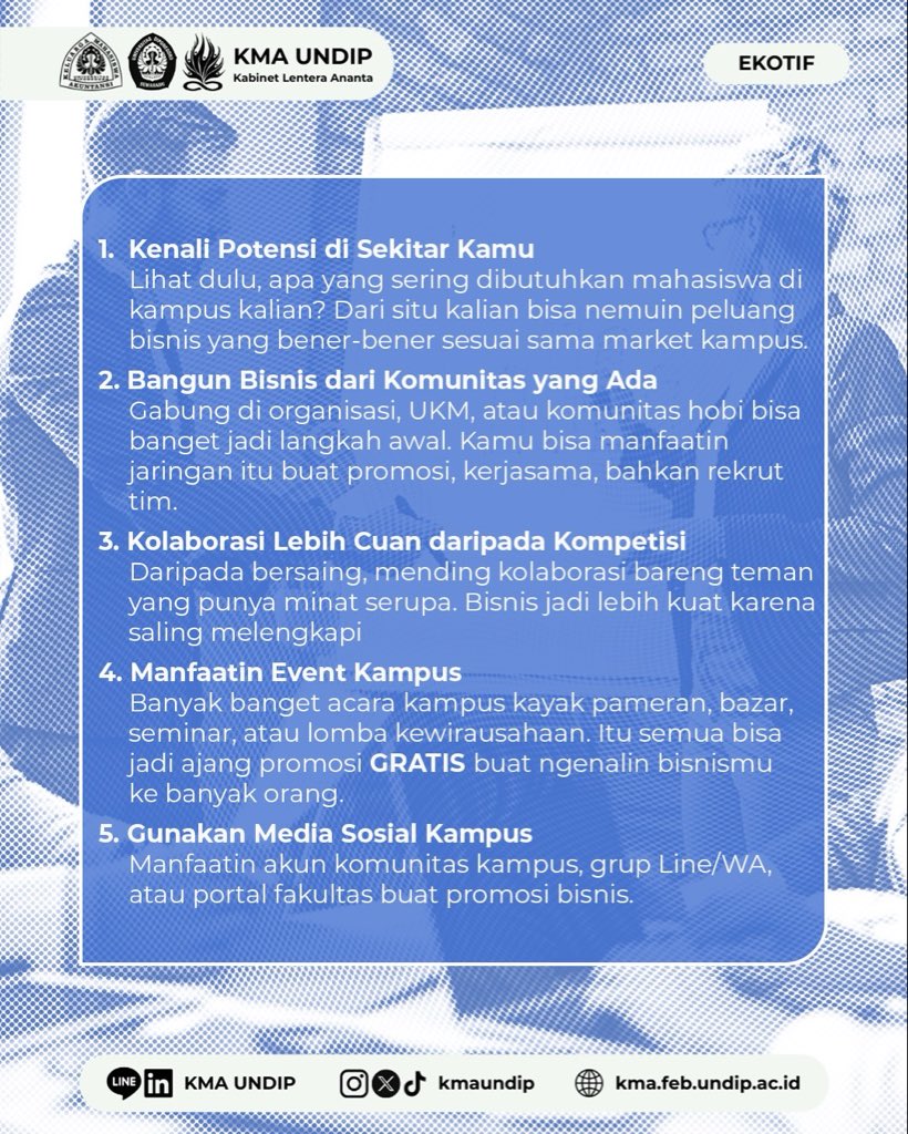 [ INFO BISNIS ] 

Halooo akundipsss! 🖐

Pernah kepikiran gak sih, kalo ternyata lingkungan kampus tuh bisa banget jadi ladang cuan kamu? 😍
Mulai dari temen satu kelas, komunitas, sampe organisasi, semuanya bisa jadi “pasar” sekaligus “partner” buat bangun bisnis bareng-bareng!