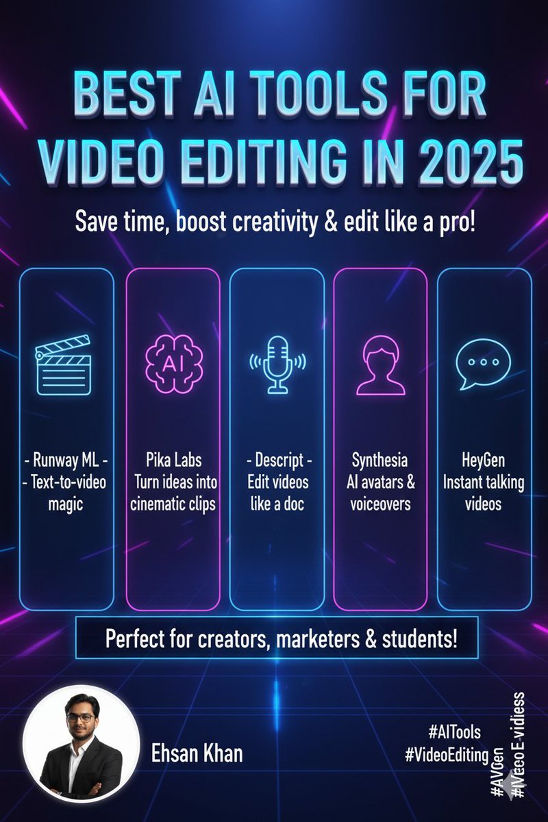 EhsanKhanAI's tweet image. 🎬 Best AI Tools for Video Editing in 2025 ⚡

These 5 AI tools replace a full editing team 🎬

🚀 Save time. Boost creativity. Edit like a pro!

Perfect for creators, marketers &amp;amp; students 💼

❤️ Like
🔁 Repost
💬 Comment “AI”
🔖 Save

#AI #VideoEditing  #AIVideo #SideHustle