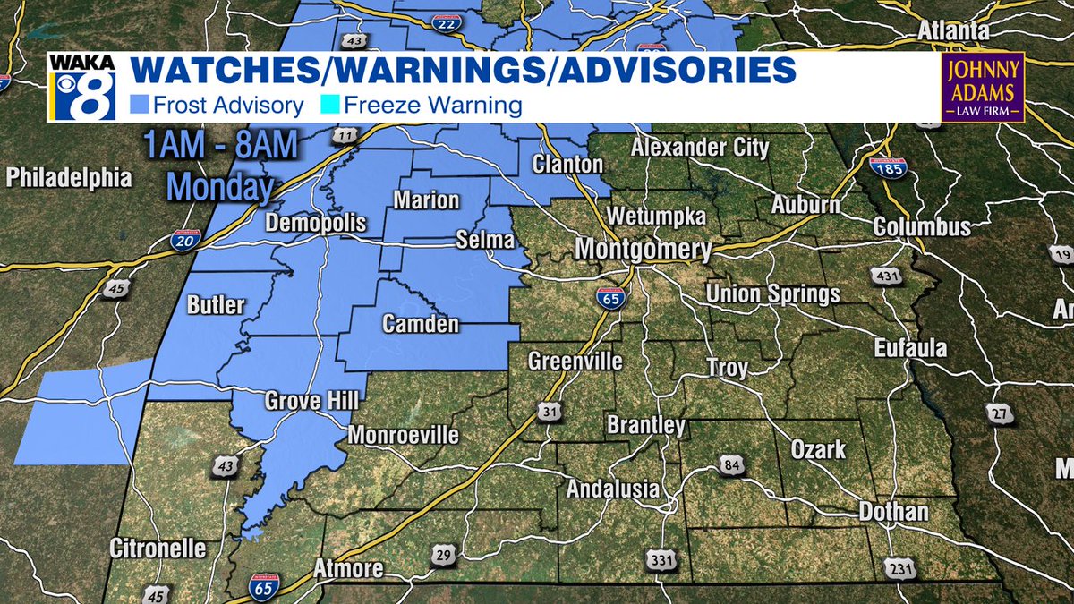 ALWeatherNet's tweet image. Sunday 11/2/25: FROST ADVISORY for west-central Alabama from 1AM to 8AM Monday 11/3/25. Low temperatures in the mid to upper 30s Monday morning may be cold enough for frost formation. Bring cold-sensitive plants inside. #alwx
