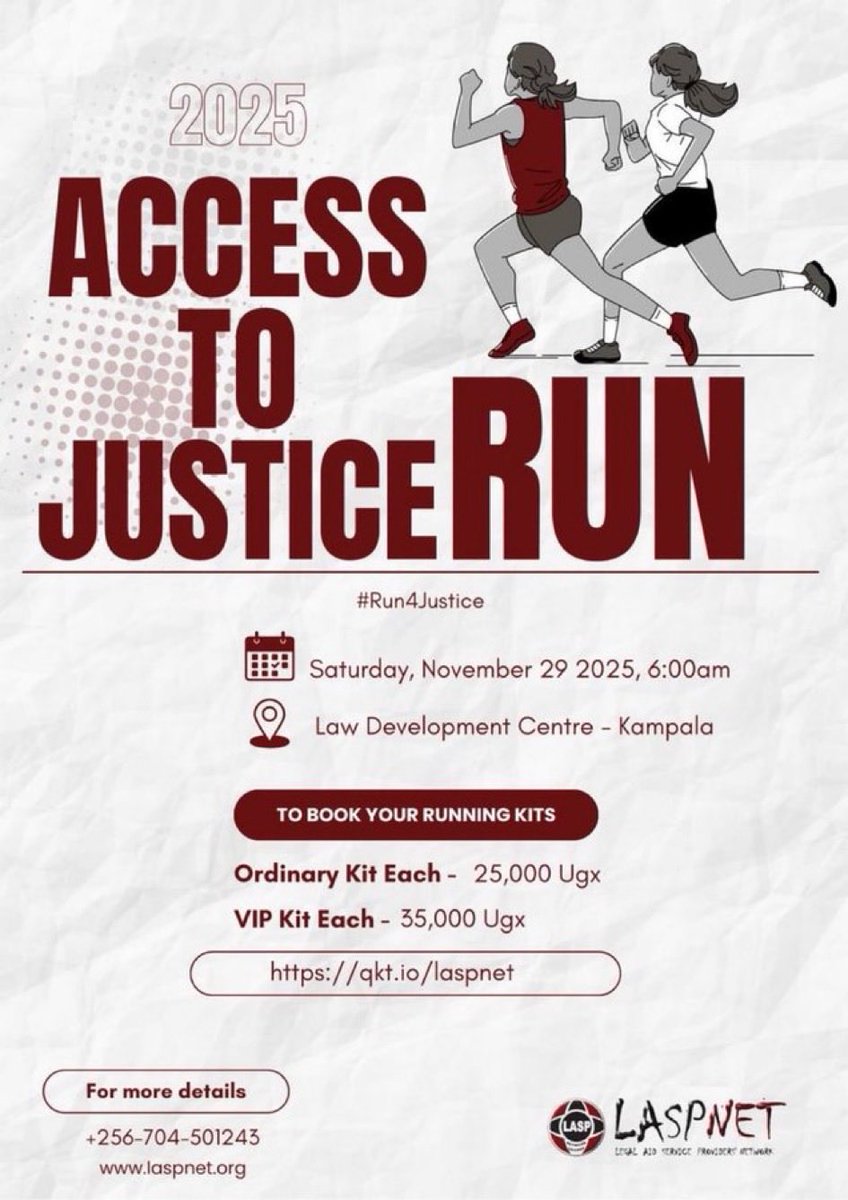 Baram_256's tweet image. Don’t miss out on the #Run4Justice!
Get your Ordinary Kit at only UGX 25,000 or go VIP for just UGX 35,000.

🎟️ Register via 👉 qkt.io/laspnet and secure your running kit today

Let’s run together for a cause that matters. 

#Run4Justice | @ByaruhangaRica | @FIDAUganda