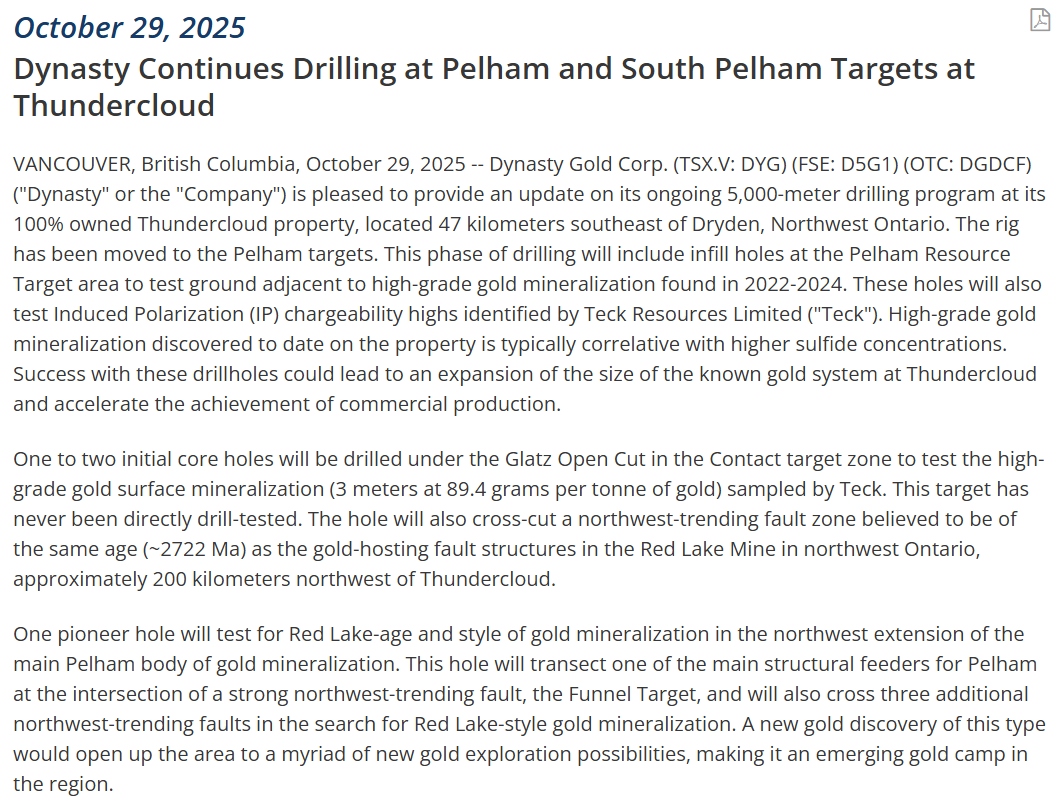 Gold stays strong as investors seek safety. Dynasty Gold (TSXV: DYG) continues drilling at its Thundercloud project in Ontario, targeting high-grade extensions at Pelham and testing new Red Lake–age structures for expansion potential. #Gold #DYG #Mining #Thundercloud