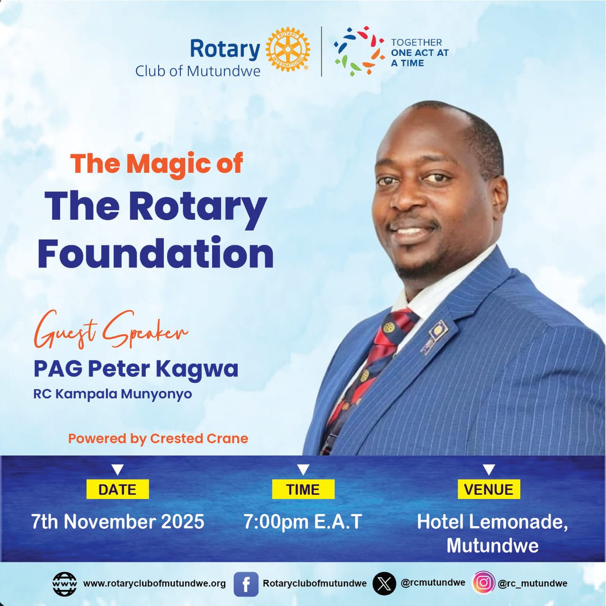 Hotel Lemonade awaits! 🦢 

Join Rotary Club of Mutundwe for an evening exploring The Rotary Foundation's magic with PAG Peter Kagwa (RC Kampala Munyonyo). 

📅 Friday,7th November.

⏳️ 19:00 Hrs

🏨  Hotel Lemonade 

 Your next act of service starts here! Follow us for updates
