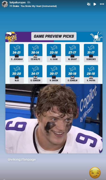 ItsAlwaysMarch's tweet photo. JJ McCarthy's fiancée is loving all the wrong picks for Week 9 Vikings-Lions game.

📸:Katya Kuropas' IG https://t.co/Ld0tbAKBfL
