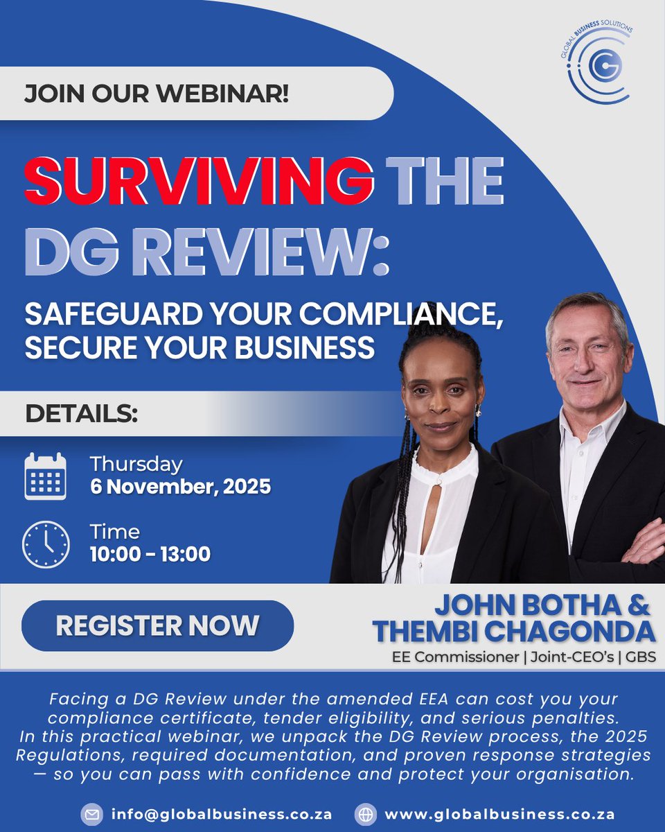 ⚖ Surviving the DG Review: Safeguard Your Compliance, Secure Your Business. Facing a DG Review can cost you. Join us as we unpack the 2025 Regulations, review process, required documentation, and response strategies . Secure Your Spot Now: globalbusiness.co.za/gbs-event-deta… #GBS