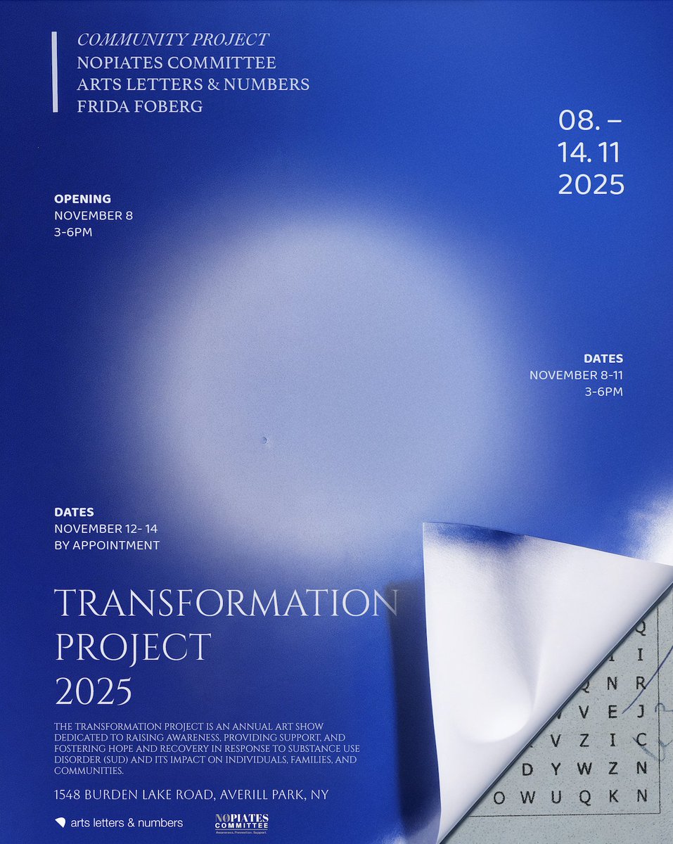 PerfRecovery's tweet image. In New York this weekend:
The Transformation Project Exhibition: 
November 8–14, 2025
Location: Arts Letters &amp;amp; Numbers, Averill Park, NY
Now in its third year, the Transformation Project creates a space of awareness, hope, and recovery in response to Substance Use Disorder (SUD).