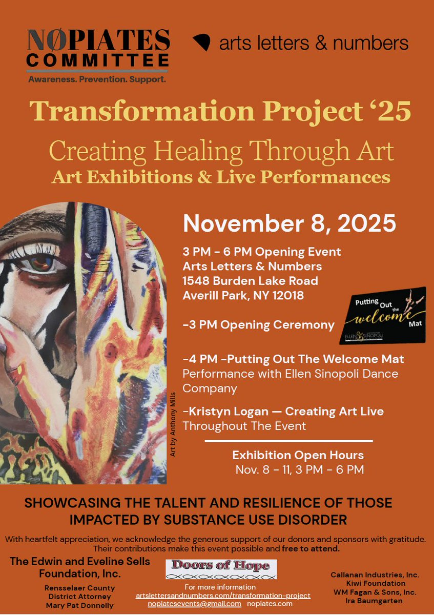 PerfRecovery's tweet image. In New York this weekend:
The Transformation Project Exhibition: 
November 8–14, 2025
Location: Arts Letters &amp;amp; Numbers, Averill Park, NY
Now in its third year, the Transformation Project creates a space of awareness, hope, and recovery in response to Substance Use Disorder (SUD).