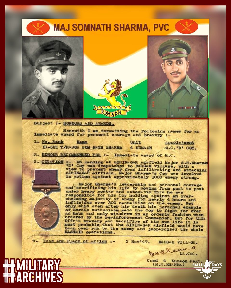 faujidays's tweet image. “The enemy is only 50 yards from us…”
Swipe to know the story behind these immortal words — the courage, sacrifice, and legacy of Major Somnath Sharma, PVC.

#militaryarchives #fromthearchives #MajorSomnathSharma #PVC