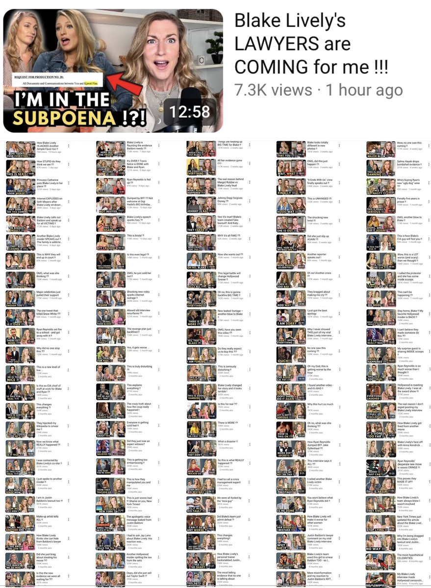 BLwifey's tweet image. and since Aug 2024, she has made over 500 videos regarding Blake (and sometimes other female celebs like Rachel Zegler and Anne Hathaway). Fuck her and fuck YouTube for letting grifters like her monetize off misogyny in their platform