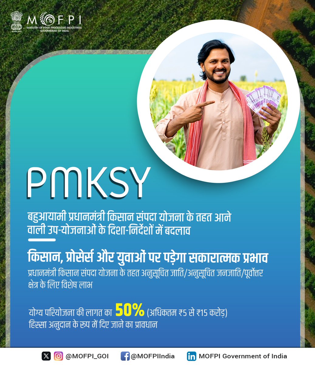 MOFPI_GOI's tweet image. प्रधानमंत्री किसान संपदा योजना (#PMKSY) से हर वर्ग के किसानों व खाद्य उद्यमियों को मिल रहा है विशेष लाभ और कृषि क्षेत्र के साथ #FoodProcessing मैन्युफैक्चर की संवृद्धि से देश का हो रहा विकास.. 

अधिक जानकारी के लिए कृपया देखें: Sampada-mofpi.gov.in

#ProcessingForProsperity