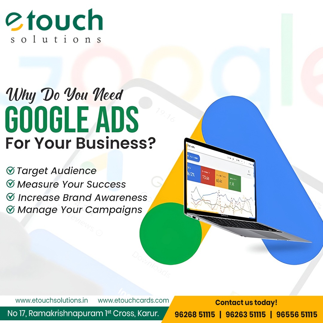 EtouchS89870's tweet image. 🚀 Boost your business with Google Ads!
Reach your target audience, increase brand awareness, and measure your success with data-driven campaigns. 📈
Let Etouch Solutions manage your ads for maximum ROI!
#EtouchSolutions #GoogleAdsExperts #BestDigitalMarketingCompany
