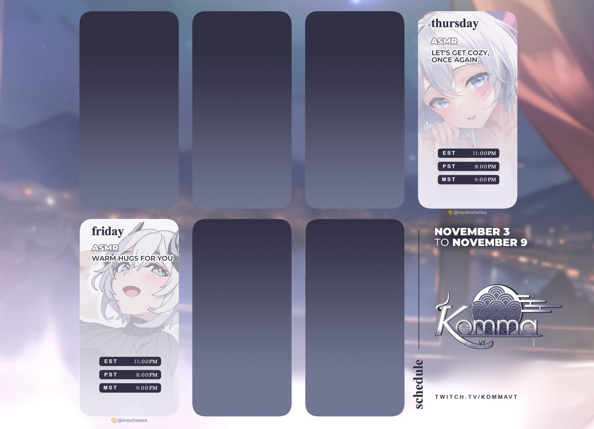 KommaVT's tweet photo. What's this- A schedule!? Welcome back, everyone! 🩵 I'm starting off slow before our week long return celebration happening November 10th! https://t.co/1oy8i8AbYy