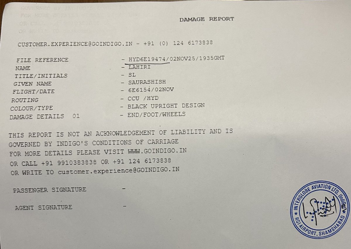 Flew <a href="/IndiGo6E/">IndiGo</a> 6E6154 (Kolkata → Hyderabad, Nov 2). Landed 11:05 PM to find my suitcase broken.
Claim filed now awaiting fair compensation as per DGCA &amp; Montreal Convention.
Handle passengers’ belongings with care! ✈️💼
#IndiGo #PassengerRights
<a href="/JM_Scindia/">Jyotiraditya M. Scindia</a> <a href="/MoCA_GoI/">MoCA_GoI</a> <a href="/DGCAIndia/">DGCA</a>