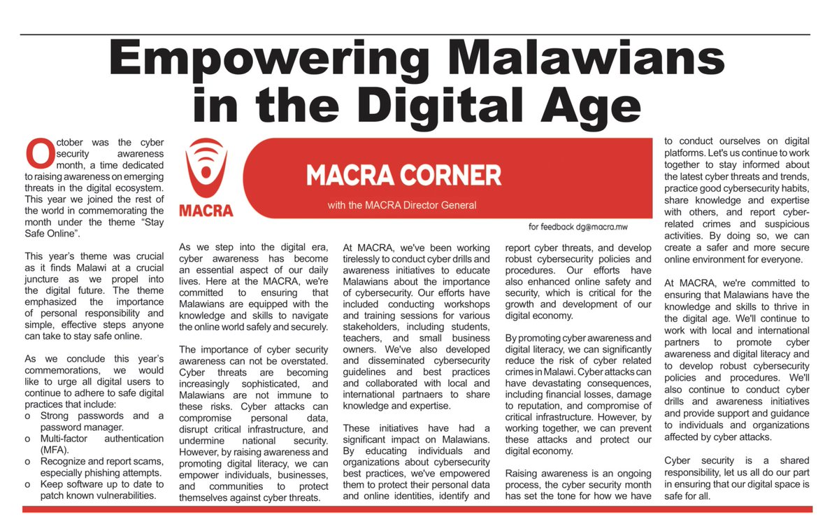MACRAMALAWI's tweet image. Empowering Malawians in the Digital Age 

MACRA is raising cyber safety awareness and helping everyone stay safe online. Let’s build a secure and responsible digital community together.

#MACRA
#DigitallyTransformedMalawi
#261TollFree