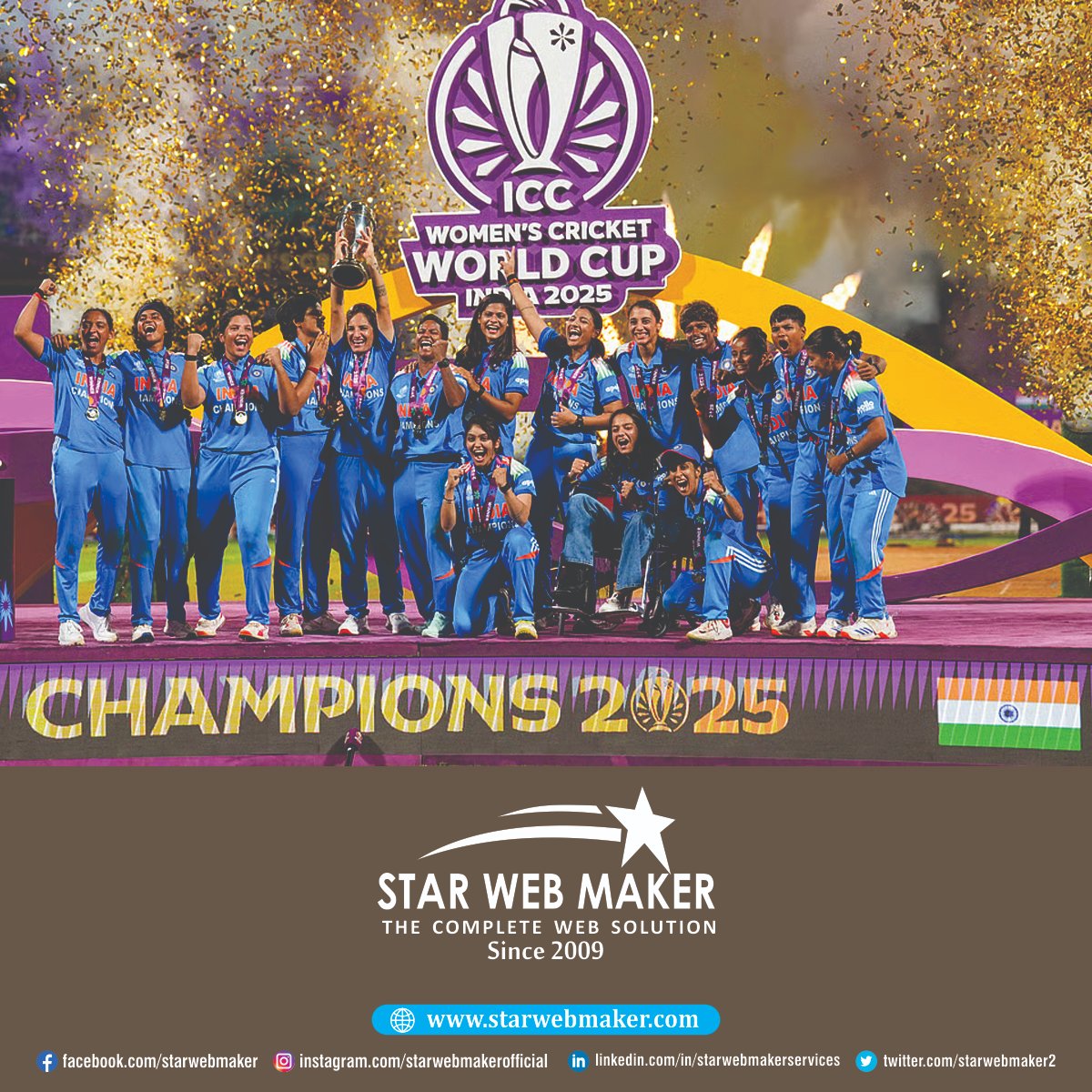 StarWebMaker2's tweet image. Congratulations to the Champions! 🏆✨
You’ve shown the world what passion, perseverance, and teamwork can achieve. Your victory inspires millions of women and young girls to dream big and chase greatness! 🌍💪
#TeamIndia #WomensWorldCup2025 #WomenInBlue #CWC25  #StarWebMaker