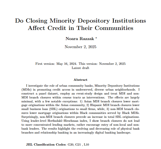 1/N 

In my JMP I ask - 

Do closing minority-owned urban community banks, a.k.a Minority Depository Institutions impact credit accessibility in local communities sharing minority identity with their owners.