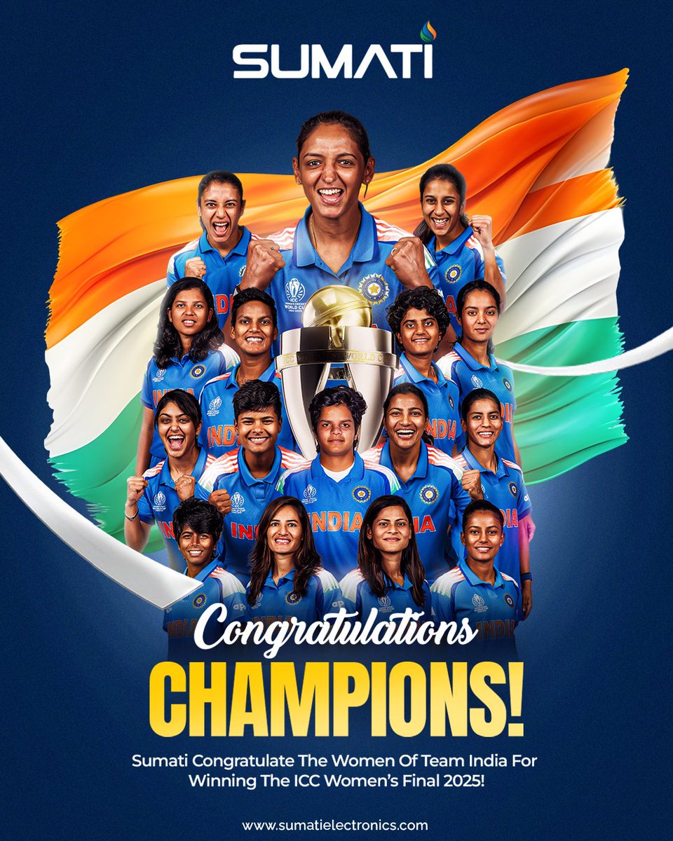 SumatiElec's tweet image. 🇮🇳🏆 Congratulations, Champions!

Our Women in Blue have made the nation proud by winning the ICC Women’s Final 2025! 💙

Sumati celebrates the unstoppable spirit, determination, and power of Team India — true icons of inspiration! 🌟

sumatielectronics.com

#Sumati #TeamIndia