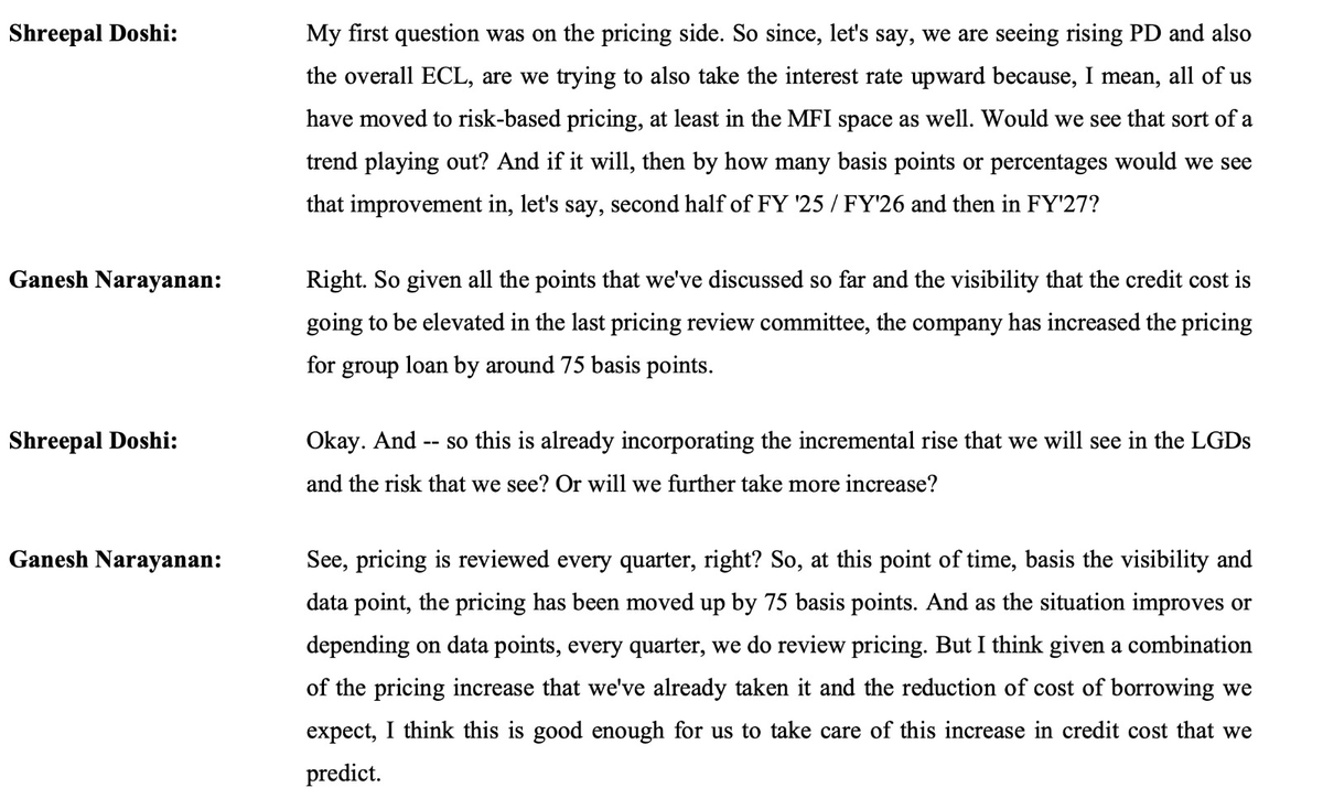 Microfinance in India - Pricing is clearly improving (i.e lending rates are going up).

Snippets from CreditAccess Grameen &amp; Spandana Spoorthy September Qtr earnings calls.