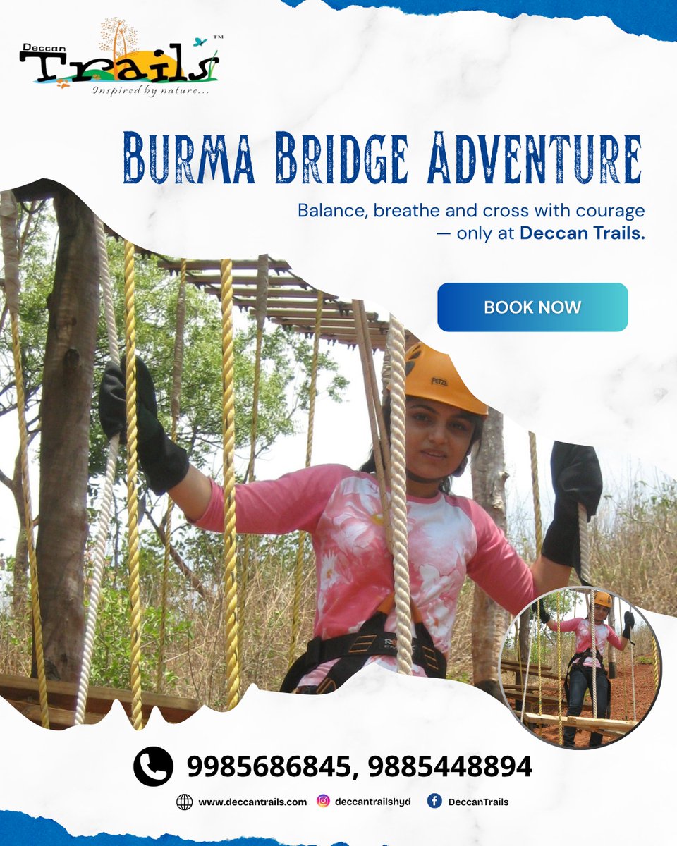 DeccanTrailsHyd's tweet image. 🌉 Feel the thrill on the Burma Bridge Adventure at Deccan Trails! 💪🌲

📞 Call or WhatsApp at 98854 48894 , 9985686845
🌐 Visit our website: deccantrails.com
📍 Location: Deccan Trails, Vikarabad

#DeccanTrails #BurmaBridge #AdventureChallenge #OutdoorFun #TeamAdventure
