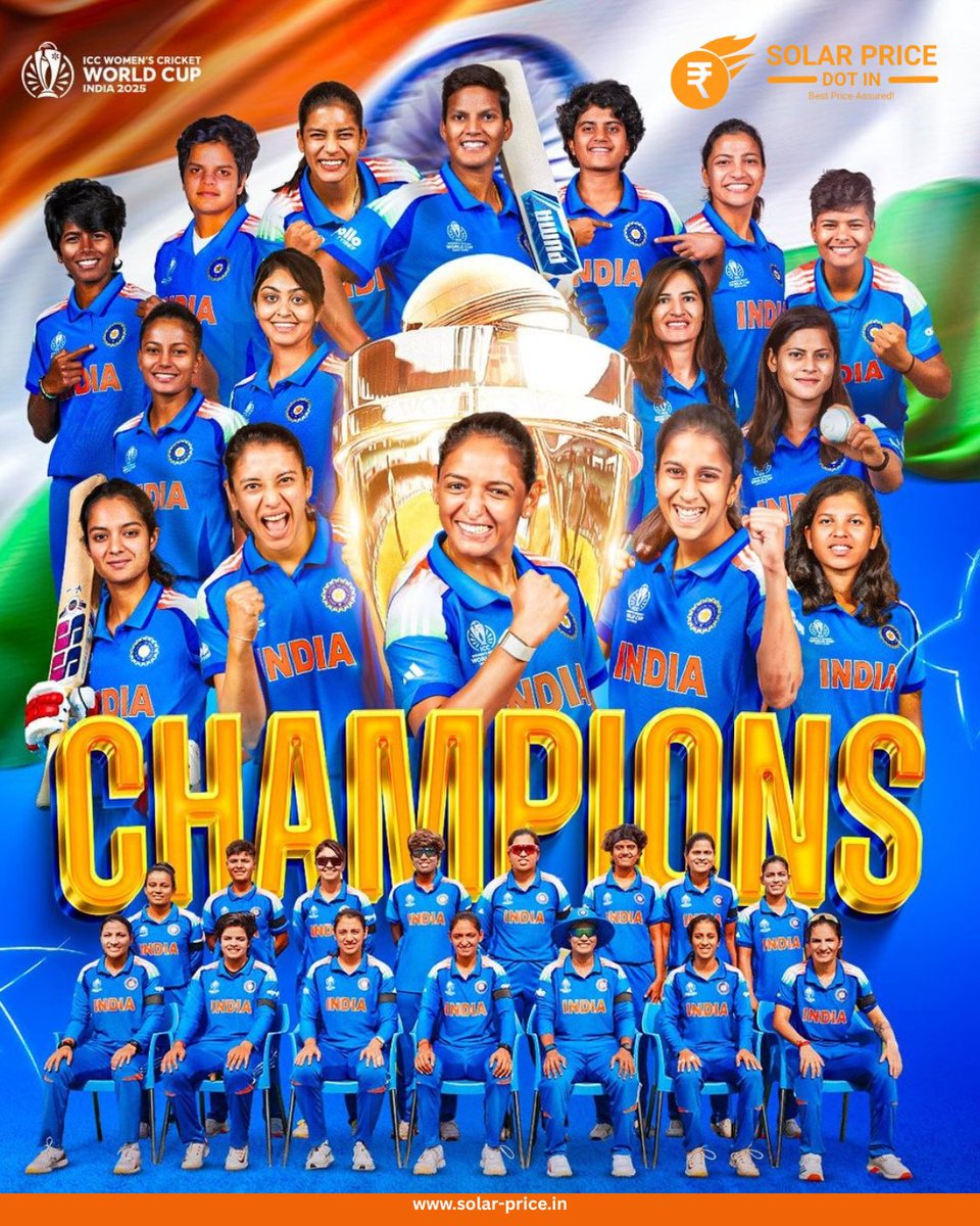 SolarPriceIndia's tweet image. Champions on and off the field!
Congratulations, Team India, on your Women’s World Cup win — a triumph that makes the nation proud.

#WWC2025 #WomenInBlue #ProudMoment #SolarPriceDotIn #SolarEnergy