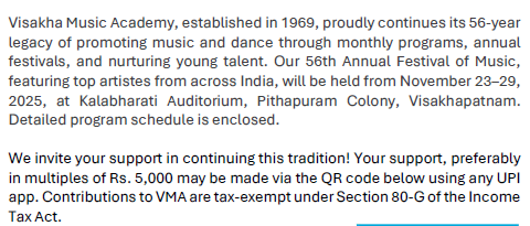 Visakha Music Academy's Annual Music Festival is around the corner, let's continue the tradition forward, join us in celebrating! Contributions are welcome!
DM for Bank account details!