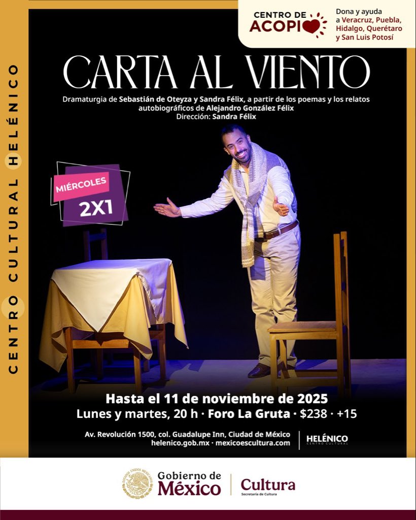 "Ha transcurrido todo en el segundo de aquel mortal relámpago llamado enamorarse." ⚡️

𝐌𝐈É𝐑𝐂𝐎𝐋𝐄𝐒 𝟐𝐗𝟏  𝓒𝓪𝓻𝓽𝓪 𝓪𝓵 𝓿𝓲𝓮𝓷𝓽𝓸

📆 Hasta el  11 de noviembre, lunes y martes 20 h

📍 Foro La Gruta del <a href="/Helenico/">Centro Cultural Helénico</a>