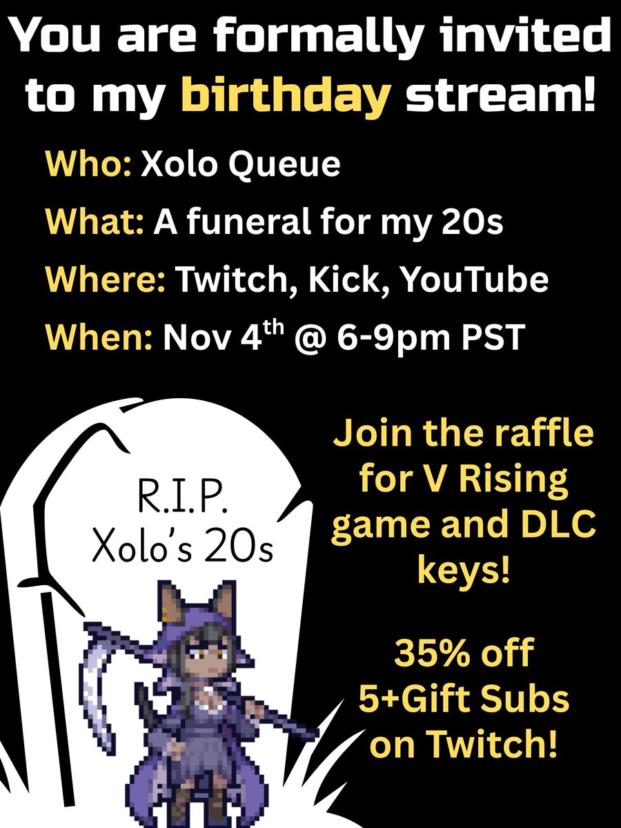 XoloQueue's tweet image. Here&apos;s this week&apos;s schedule! Don&apos;t forget I&apos;ll be holding a raffle during my birthday stream! See ya there! #VRising #DeadAsDisco #Melatonin #RiftoftheNecroDancer
------------------------ 
twitch.tv/xoloqueue 
kick.com/xoloqueue 
youtube.com/@XoloQueue