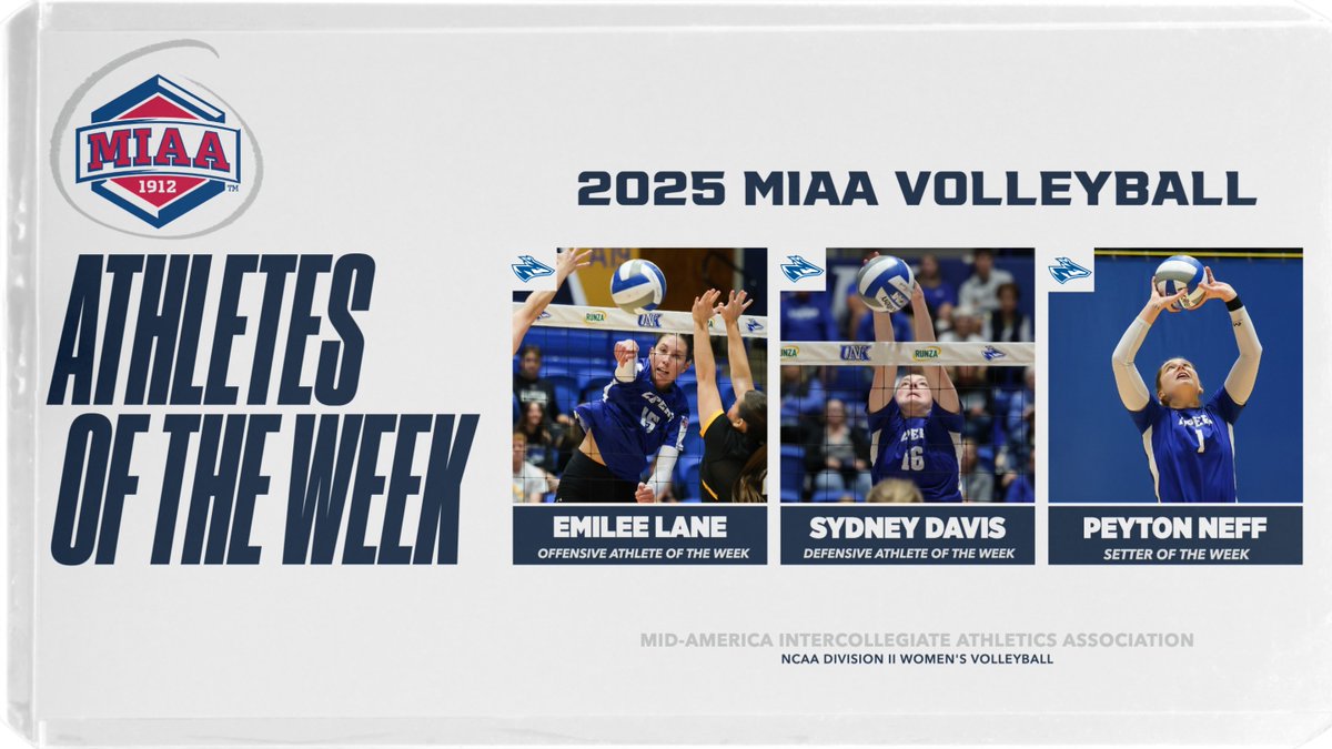 TheMIAA's tweet photo. Nebraska Kearney sweeps the final 𝙈𝙄𝘼𝘼 𝘼𝙏𝙃𝙇𝙀𝙏𝙀 𝙊𝙁 𝙏𝙃𝙀 𝙒𝙀𝙀𝙆 honors in the 2025 volleyball season 🧹💨

📰➡️ https://t.co/LfBqvCQ4Ru
#BringYourAGame https://t.co/dw80jErzoL