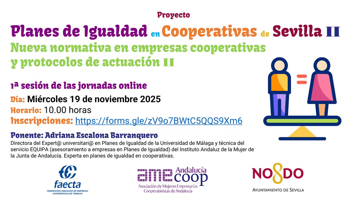 AMECOOP_'s tweet image. ÚLTIMOS DÍAS para inscribirse en nuestras jornadas online gratuitas &apos;Planes de igualdad en cooperativas II&apos; ✏️forms.gle/zV9o7BWtC5QQS9…

Organiza AMECOOP, Asociación de Mujeres Empresarias Cooperativistas de Andalucía, con ayuda del @Ayto_Sevilla

#EmpresasCoop #Coop @FAECTA_