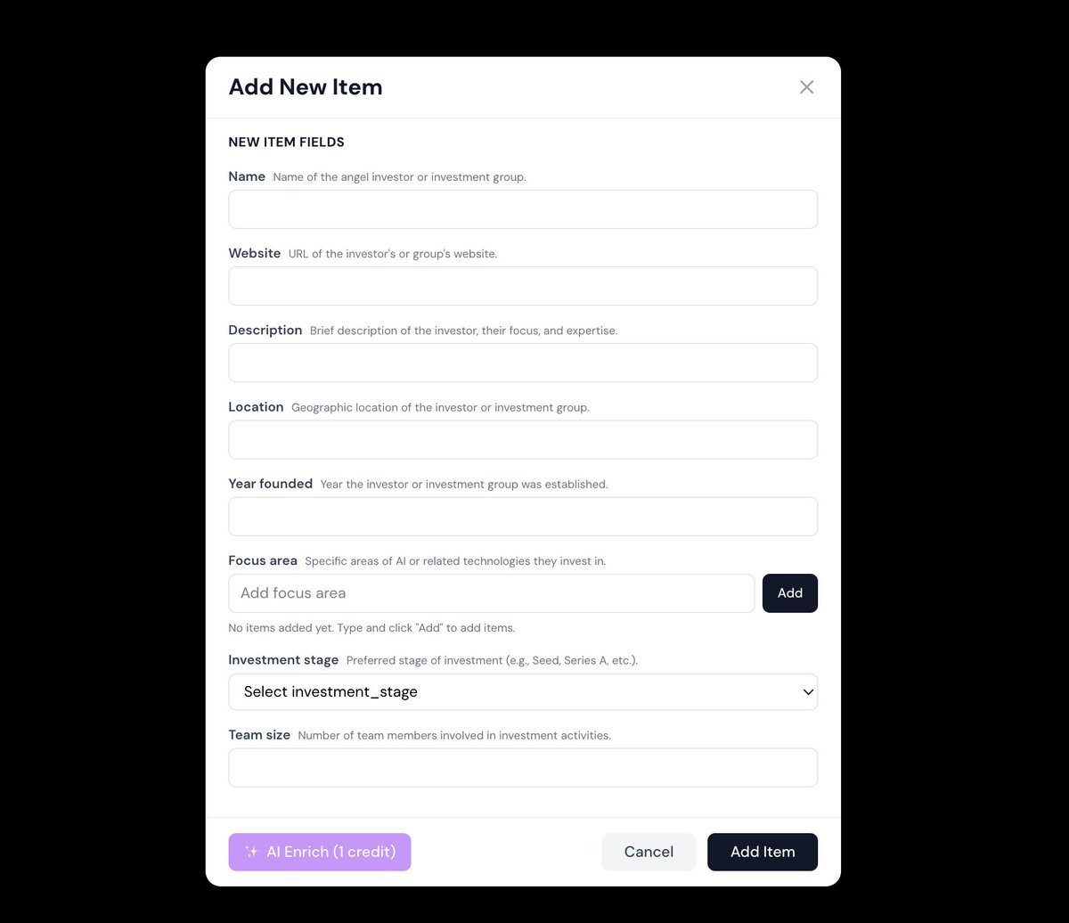 或者添加新项目(填写几个字段,AI 会自动查找其余字段)