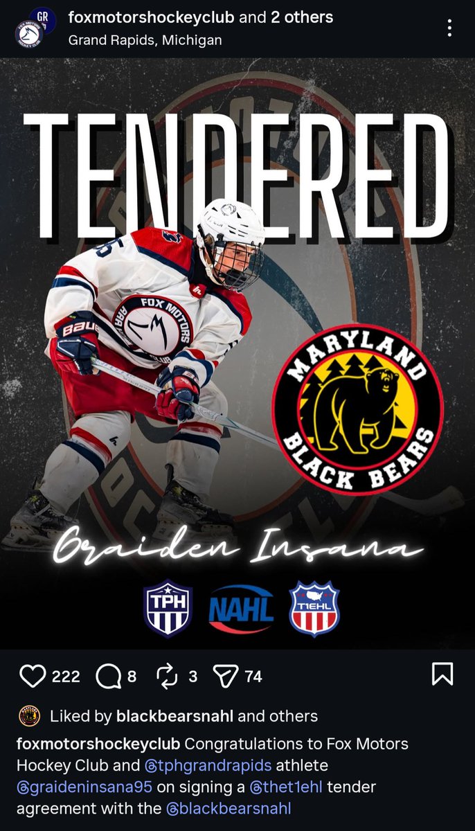 The Black Bears have tendered forward Graiden Insana from the Fox Motors U18AAA team. This season, Insana has 15g and 29a in 41 games. Welcome Graiden!!