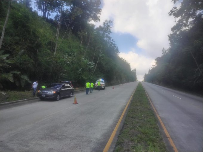 Roadside emergency scene on a two-lane highway with green grass edges and tree-covered hills in the background under partly cloudy skies. A dark SUV with a flat tire is parked on the right shoulder facing east, obstructing the lane. Several personnel in high-visibility green vests stand around the vehicle, one using a tool near the wheel. A white police SUV with lights activated is positioned behind. Orange traffic cones mark the area. Another person in light clothing stands nearby.