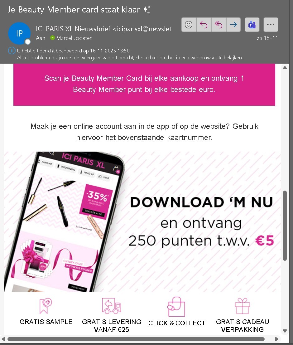Beste <a href="/IPXL_Nederland/">ICI PARIS XL</a> , ik heb de app gedownload zoals in jullie mail staat, maar geen 250 punten gekregen, hoe werkt dat in de app?