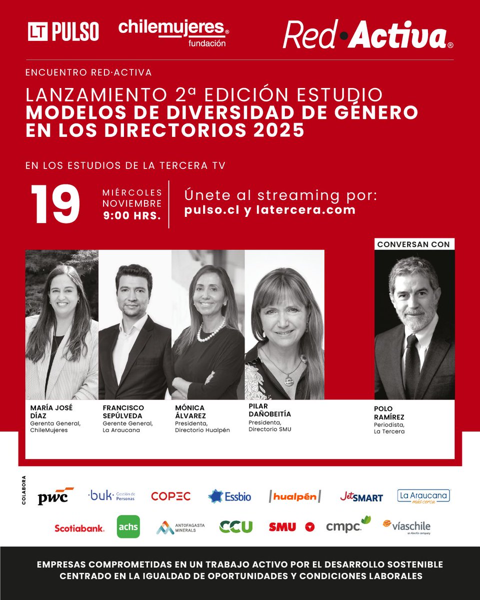 📢 Este 19 de noviembre a las 9:00 hrs. presentaremos el Estudio “Modelos de Diversidad de Género en los Directorios”, elaborado por ChileMujeres y <a href="/cajalaaraucana/">La Araucana</a> 
Conversaremos junto a un destacado panel, moderado por <a href="/ramirez_polo/">Paulo Ramírez</a> ¡Agéndalo! Por <a href="/latercera/">La Tercera</a> TV