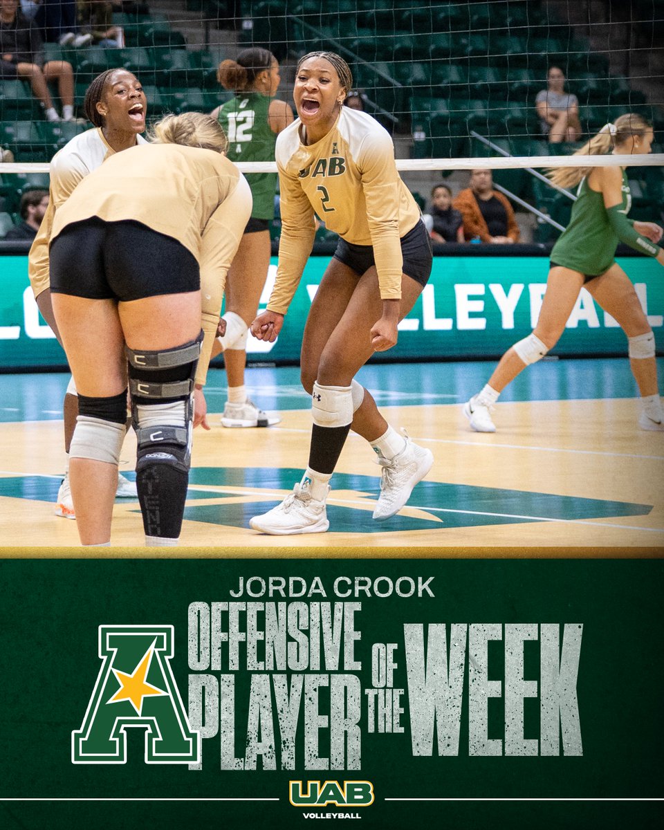 𝐇𝐈𝐒𝐓𝐎𝐑𝐘 𝐌𝐀𝐃𝐄. 🤩

Jorda Crook is the first player in UAB history to win three consecutive player of the week awards!

⭐️American-best 6.19 Points per set
⭐️5.29 Kills per set
⭐️42 Kills
⭐️49.5 Points
⭐️5 aces
⭐️5 blocks

#WinAsOne