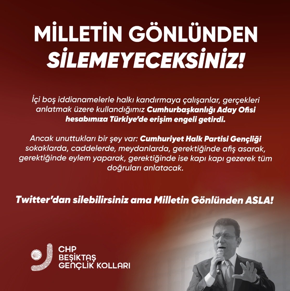 CHPBesiktasGenc's tweet photo. Cumhurbaşkanı Adayımız Ekrem İmamoğlu’nun yeni Seçim Ofisi hesabı:
@CAOIletisim    

SUSTURAMAYACAKLAR! https://t.co/7kA7evlylR