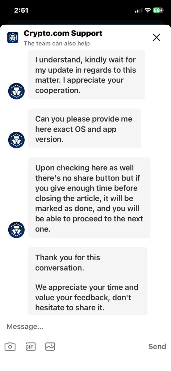 6crypto23's tweet photo. @cryptocom Hahahahaha.....you guys SUCk!!!
It took 2 days and 3 "specialists" to finally admit I was RIGHT and there was no share button available. https://t.co/LTVa2OHMEH