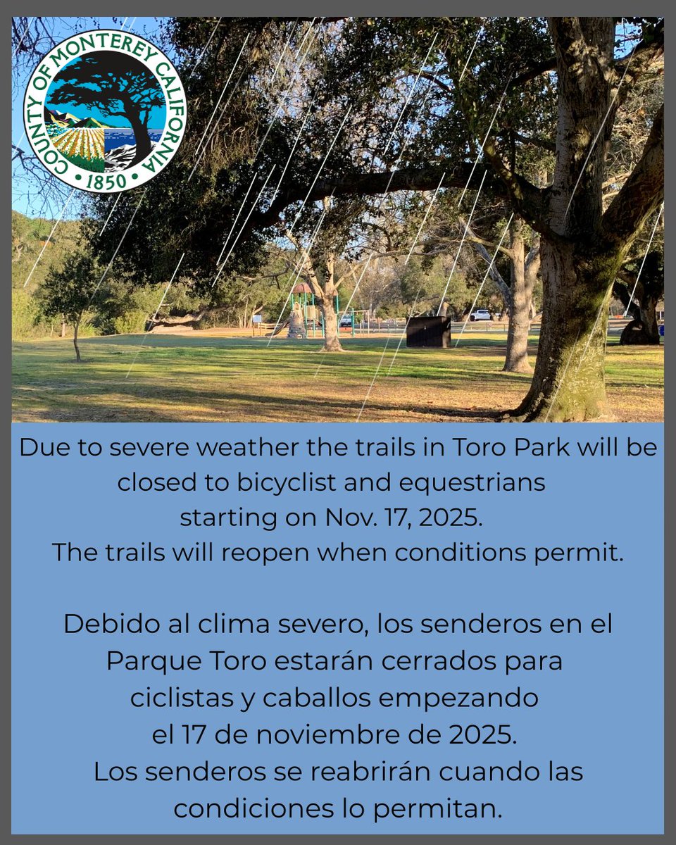 Toro Park trails are closed to bicyclist and equestrians starting today Nov. 17, 2025. 
Los senderos en el Parque Toro estarán cerrados para ciclistas  caballos empezando el 17 de noviembre de 2025. 
#toropark #toroparktrails #montereyca #montereycounty #salinasca