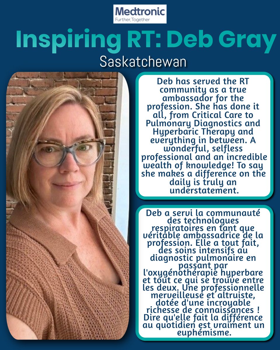 CSRT_tweets's tweet image. Introducing our latest Inspiring RT, Deb Gray from Saskatchewan! Sponsored by Medtronic, this initiative recognizes the unsung heroes in respiratory therapy. Nominate a CSRT member today at: loom.ly/OeSJx5M