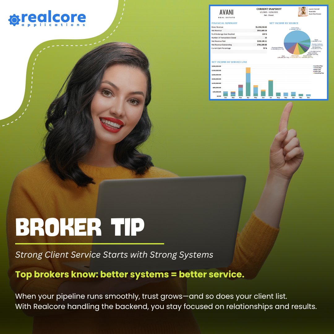 realcoreapps's tweet image. Great client service doesn’t happen by accident—it happens with the right systems in place. Realcore gives brokers the tools to stay organized, build trust, and deliver a seamless experience from first touch to closed deal.​

#BrokerTip #RealcoreApplications #CRETech