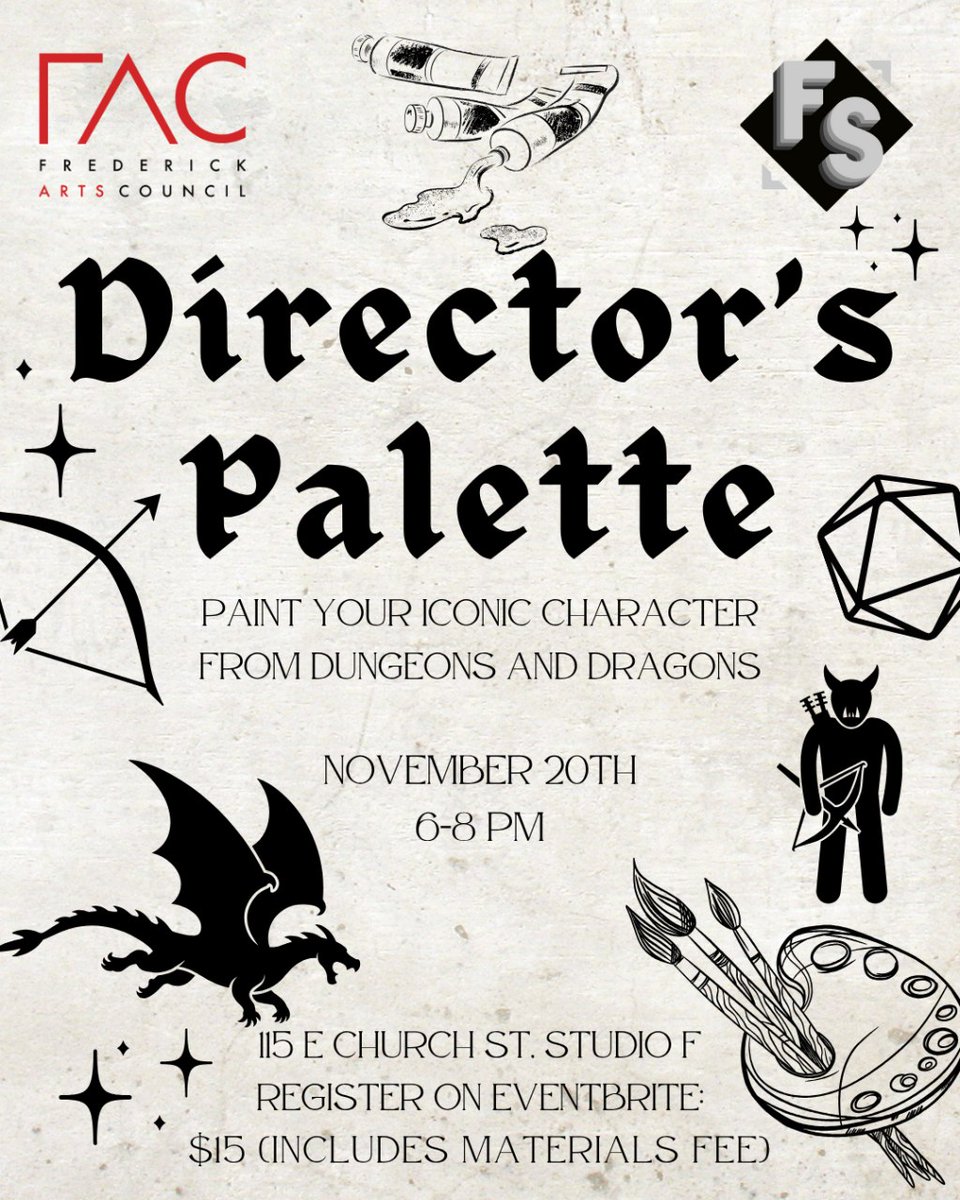 This Thursday!
A DND-themed paint night with Falling Squares! Join us for an evening of painting your iconic Dungeons and Dragons characters!
Full details and register here: eventbrite.com/e/directors-pa…